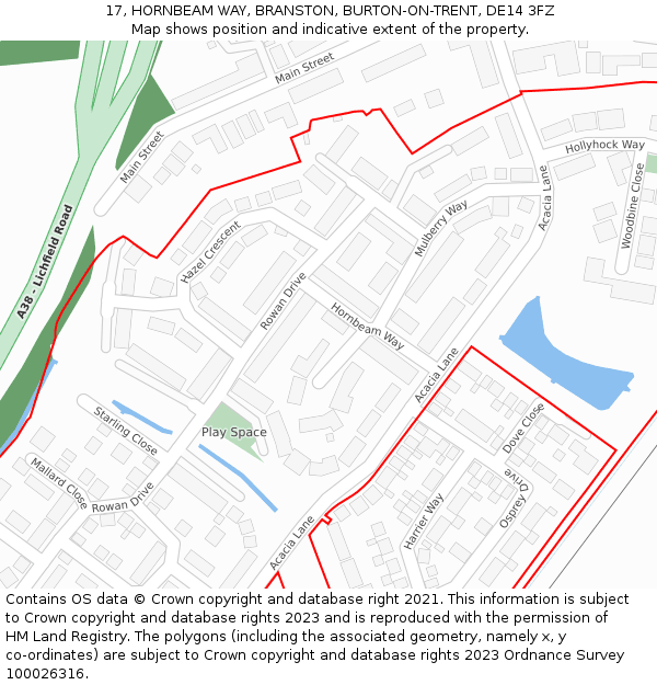 17, HORNBEAM WAY, BRANSTON, BURTON-ON-TRENT, DE14 3FZ: Location map and indicative extent of plot