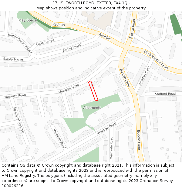 17, ISLEWORTH ROAD, EXETER, EX4 1QU: Location map and indicative extent of plot