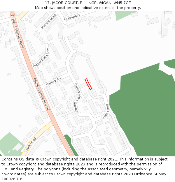 17, JACOB COURT, BILLINGE, WIGAN, WN5 7GE: Location map and indicative extent of plot