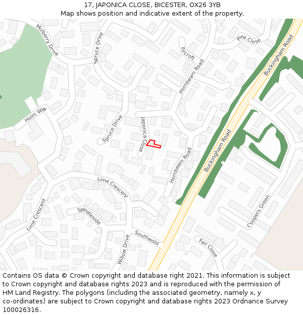 17, JAPONICA CLOSE, BICESTER, OX26 3YB: Location map and indicative extent of plot