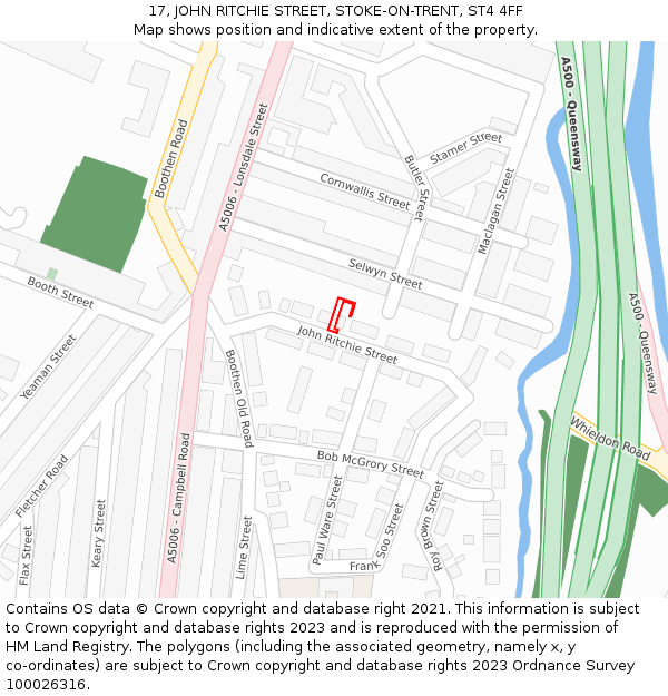 17, JOHN RITCHIE STREET, STOKE-ON-TRENT, ST4 4FF: Location map and indicative extent of plot