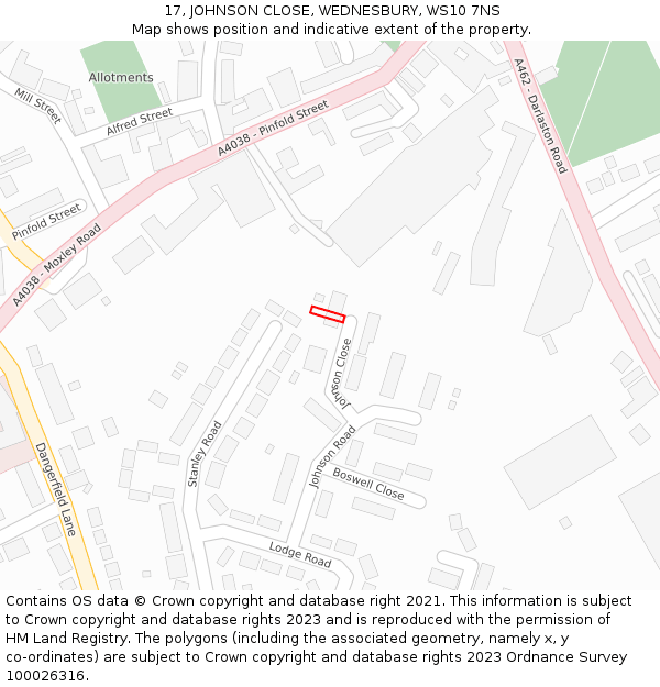 17, JOHNSON CLOSE, WEDNESBURY, WS10 7NS: Location map and indicative extent of plot