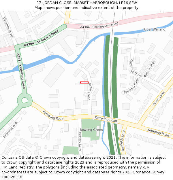 17, JORDAN CLOSE, MARKET HARBOROUGH, LE16 8EW: Location map and indicative extent of plot