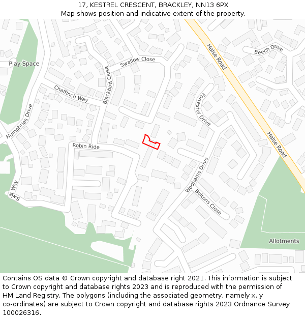 17, KESTREL CRESCENT, BRACKLEY, NN13 6PX: Location map and indicative extent of plot