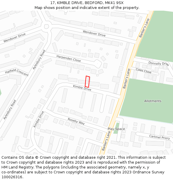 17, KIMBLE DRIVE, BEDFORD, MK41 9SX: Location map and indicative extent of plot