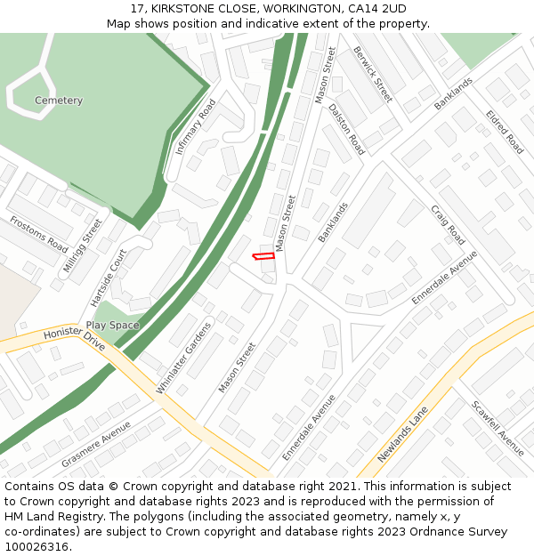 17, KIRKSTONE CLOSE, WORKINGTON, CA14 2UD: Location map and indicative extent of plot