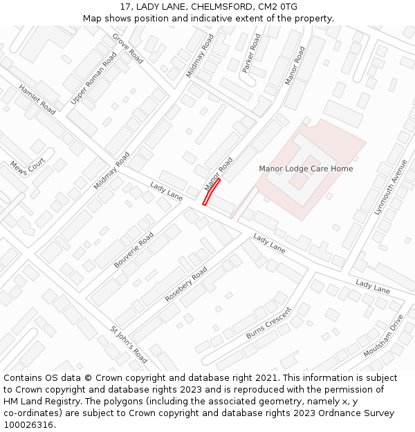 17, LADY LANE, CHELMSFORD, CM2 0TG: Location map and indicative extent of plot