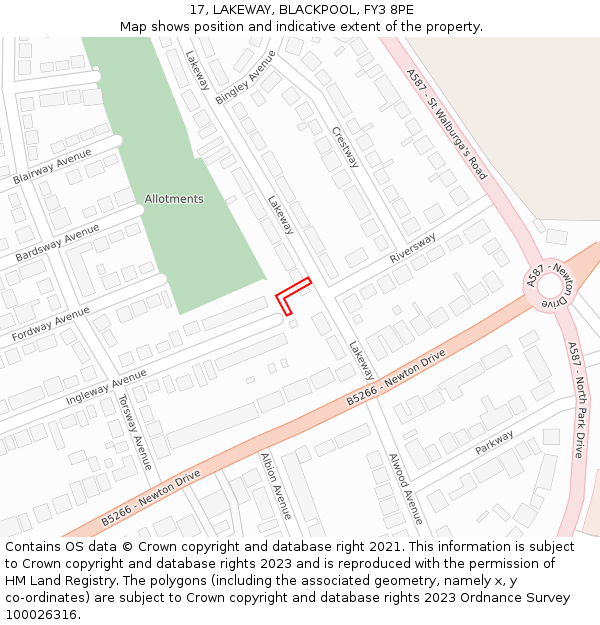 17, LAKEWAY, BLACKPOOL, FY3 8PE: Location map and indicative extent of plot