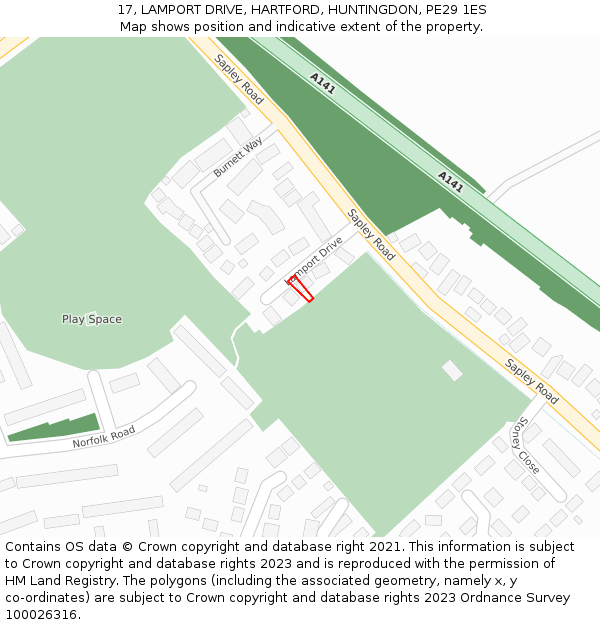 17, LAMPORT DRIVE, HARTFORD, HUNTINGDON, PE29 1ES: Location map and indicative extent of plot