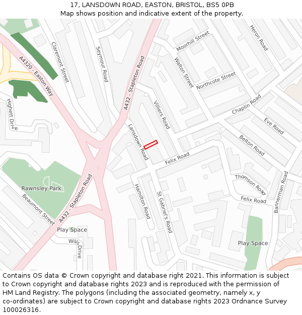17, LANSDOWN ROAD, EASTON, BRISTOL, BS5 0PB: Location map and indicative extent of plot