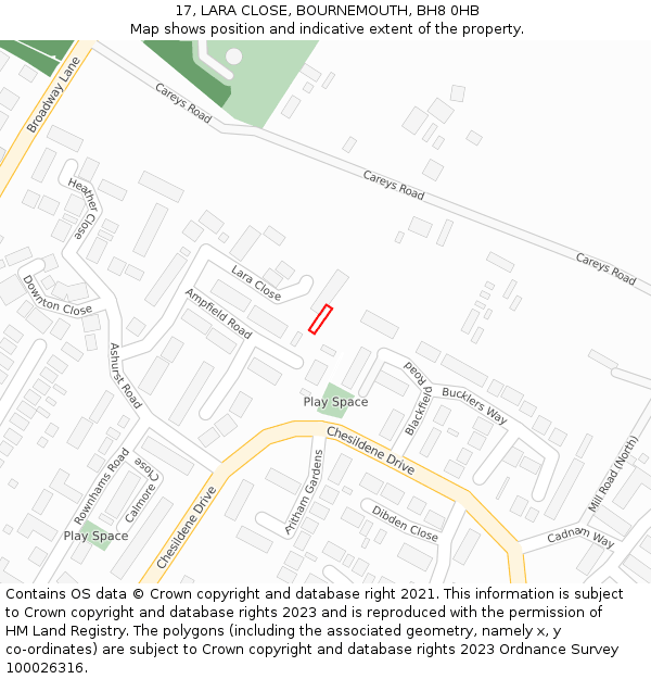 17, LARA CLOSE, BOURNEMOUTH, BH8 0HB: Location map and indicative extent of plot