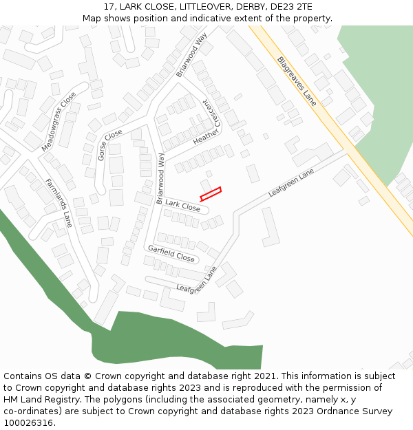 17, LARK CLOSE, LITTLEOVER, DERBY, DE23 2TE: Location map and indicative extent of plot