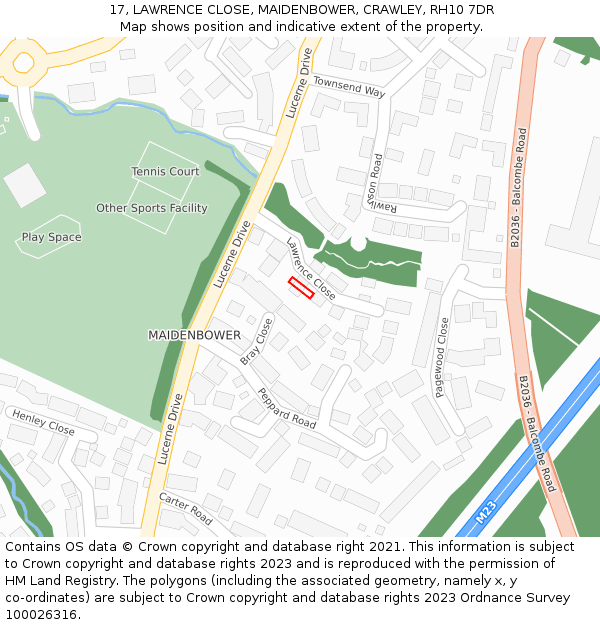17, LAWRENCE CLOSE, MAIDENBOWER, CRAWLEY, RH10 7DR: Location map and indicative extent of plot