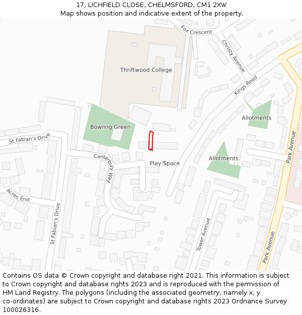 17, LICHFIELD CLOSE, CHELMSFORD, CM1 2XW: Location map and indicative extent of plot