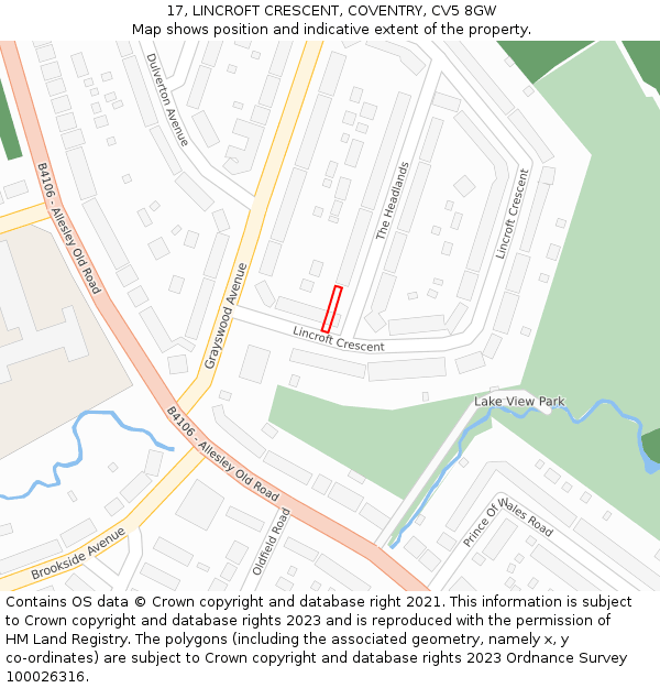 17, LINCROFT CRESCENT, COVENTRY, CV5 8GW: Location map and indicative extent of plot