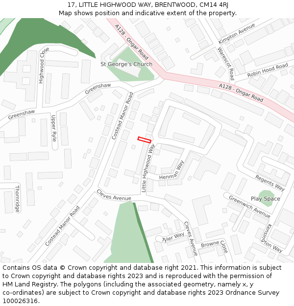 17, LITTLE HIGHWOOD WAY, BRENTWOOD, CM14 4RJ: Location map and indicative extent of plot