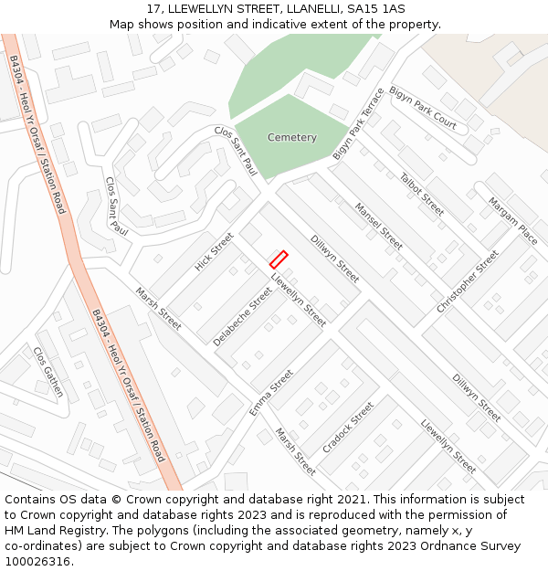 17, LLEWELLYN STREET, LLANELLI, SA15 1AS: Location map and indicative extent of plot