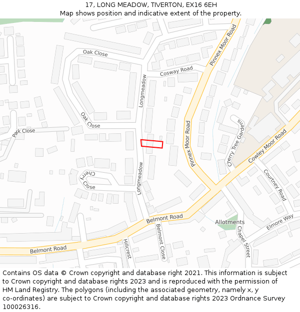 17, LONG MEADOW, TIVERTON, EX16 6EH: Location map and indicative extent of plot