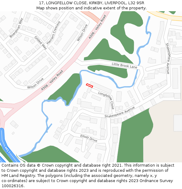 17, LONGFELLOW CLOSE, KIRKBY, LIVERPOOL, L32 9SR: Location map and indicative extent of plot