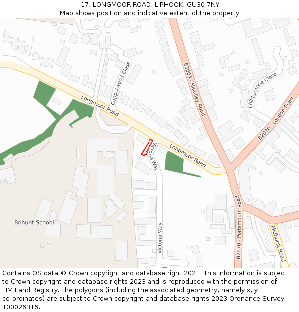 17, LONGMOOR ROAD, LIPHOOK, GU30 7NY: Location map and indicative extent of plot