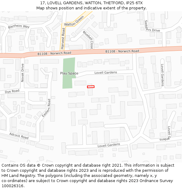 17, LOVELL GARDENS, WATTON, THETFORD, IP25 6TX: Location map and indicative extent of plot