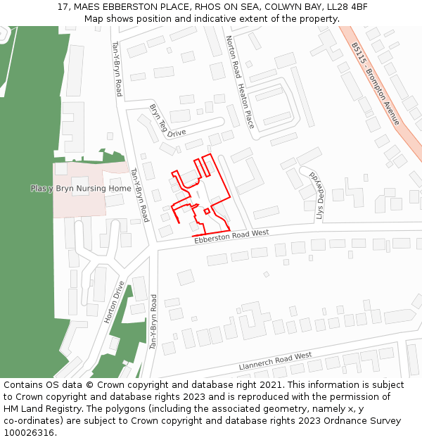 17, MAES EBBERSTON PLACE, RHOS ON SEA, COLWYN BAY, LL28 4BF: Location map and indicative extent of plot