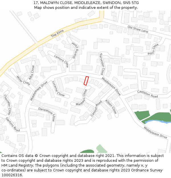 17, MALDWYN CLOSE, MIDDLELEAZE, SWINDON, SN5 5TG: Location map and indicative extent of plot