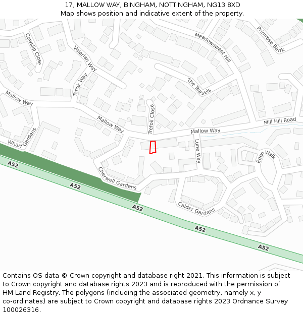 17, MALLOW WAY, BINGHAM, NOTTINGHAM, NG13 8XD: Location map and indicative extent of plot