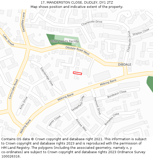 17, MANDERSTON CLOSE, DUDLEY, DY1 2TZ: Location map and indicative extent of plot