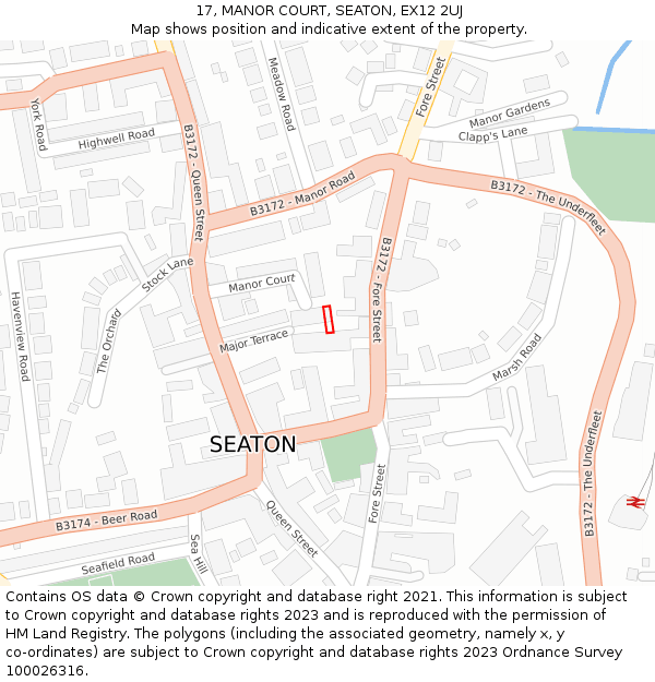 17, MANOR COURT, SEATON, EX12 2UJ: Location map and indicative extent of plot