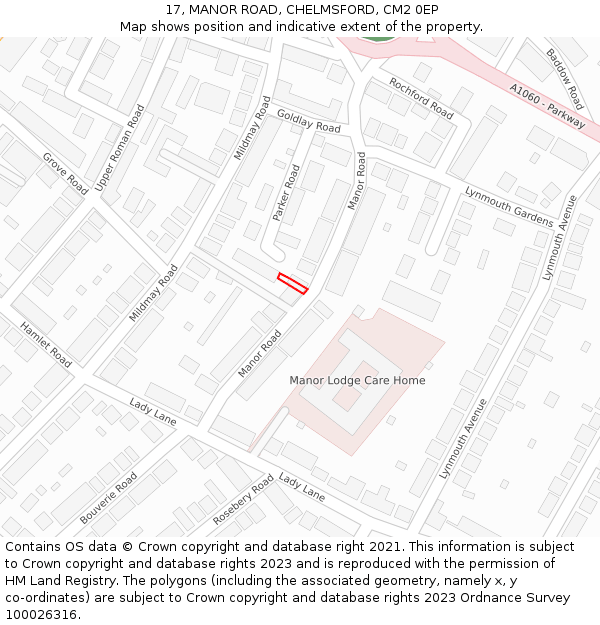 17, MANOR ROAD, CHELMSFORD, CM2 0EP: Location map and indicative extent of plot