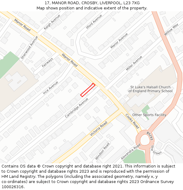 17, MANOR ROAD, CROSBY, LIVERPOOL, L23 7XG: Location map and indicative extent of plot