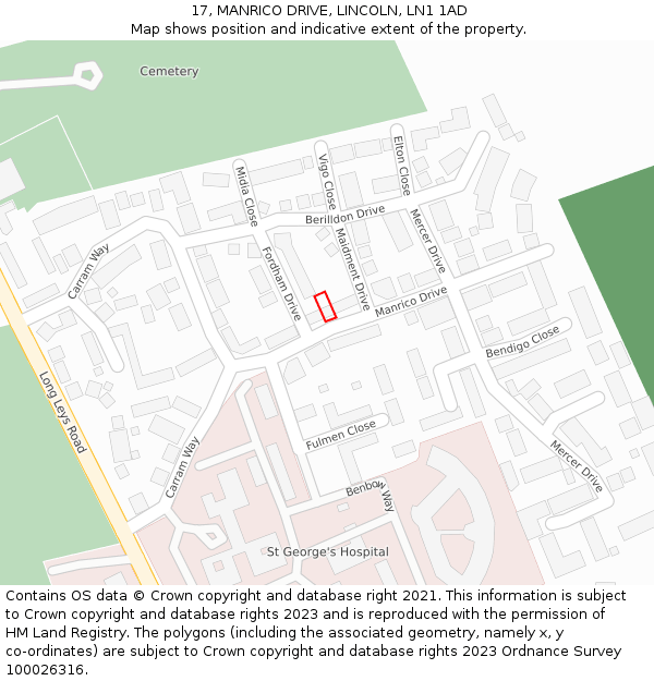 17, MANRICO DRIVE, LINCOLN, LN1 1AD: Location map and indicative extent of plot
