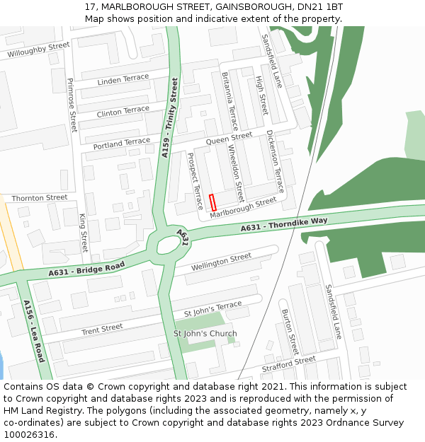 17, MARLBOROUGH STREET, GAINSBOROUGH, DN21 1BT: Location map and indicative extent of plot