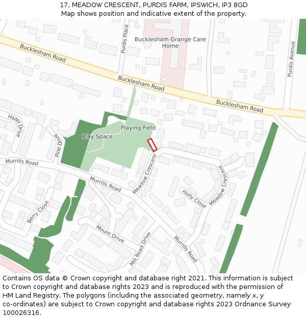 17, MEADOW CRESCENT, PURDIS FARM, IPSWICH, IP3 8GD: Location map and indicative extent of plot