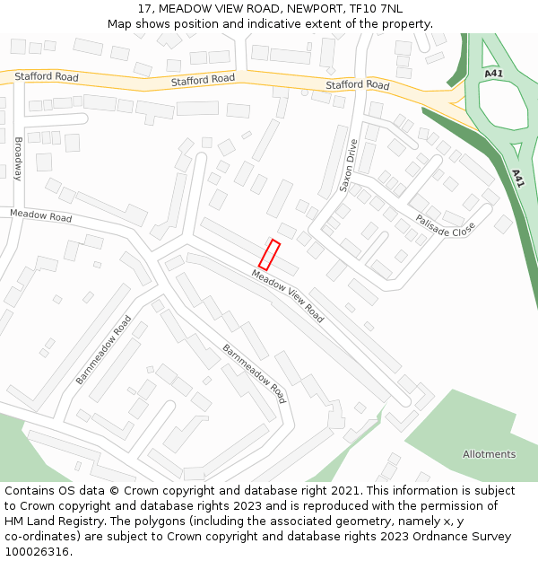 17, MEADOW VIEW ROAD, NEWPORT, TF10 7NL: Location map and indicative extent of plot