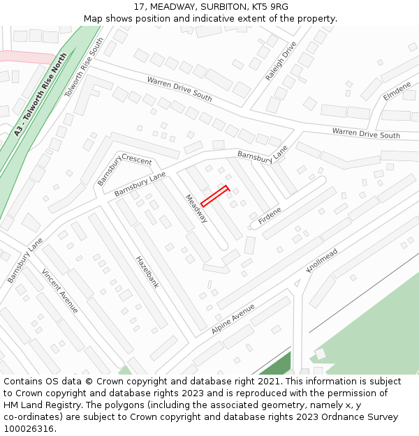17, MEADWAY, SURBITON, KT5 9RG: Location map and indicative extent of plot