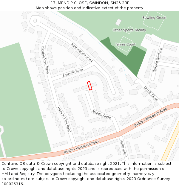 17, MENDIP CLOSE, SWINDON, SN25 3BE: Location map and indicative extent of plot