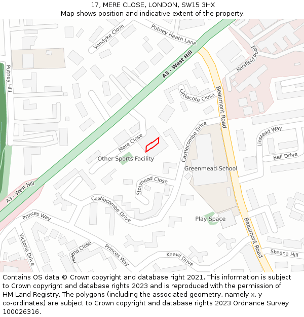 17, MERE CLOSE, LONDON, SW15 3HX: Location map and indicative extent of plot