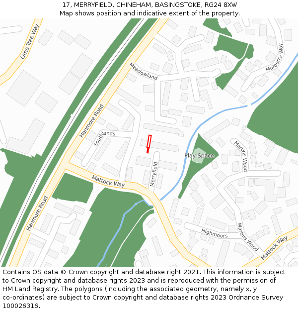 17, MERRYFIELD, CHINEHAM, BASINGSTOKE, RG24 8XW: Location map and indicative extent of plot