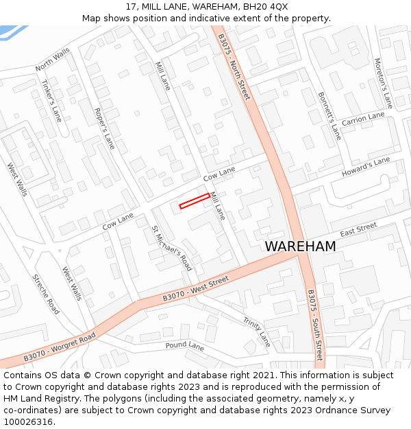 17, MILL LANE, WAREHAM, BH20 4QX: Location map and indicative extent of plot