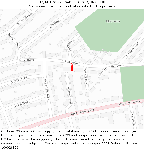 17, MILLDOWN ROAD, SEAFORD, BN25 3PB: Location map and indicative extent of plot