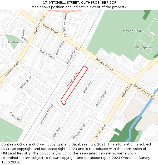 17, MITCHELL STREET, CLITHEROE, BB7 1DF: Location map and indicative extent of plot