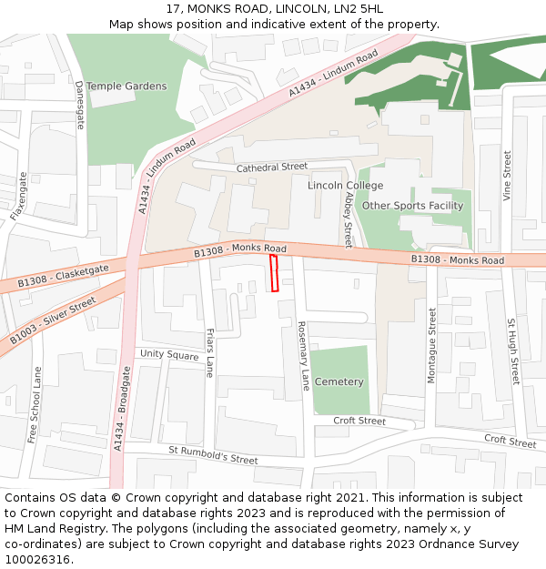 17, MONKS ROAD, LINCOLN, LN2 5HL: Location map and indicative extent of plot