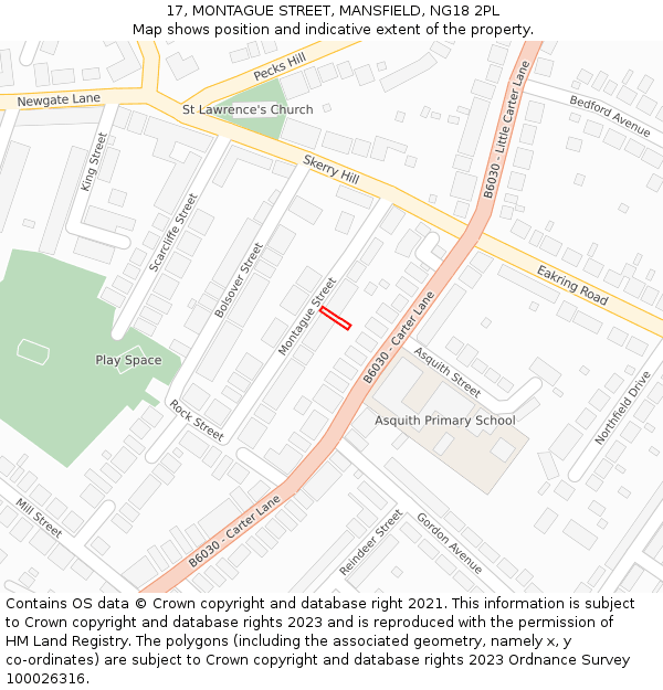 17, MONTAGUE STREET, MANSFIELD, NG18 2PL: Location map and indicative extent of plot