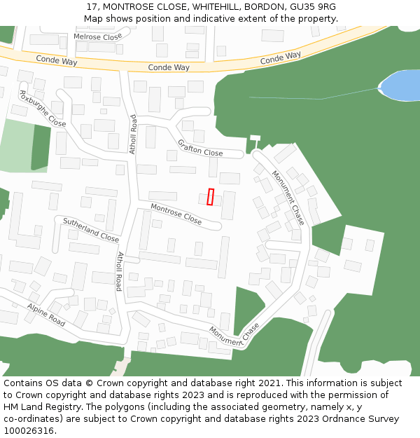 17, MONTROSE CLOSE, WHITEHILL, BORDON, GU35 9RG: Location map and indicative extent of plot