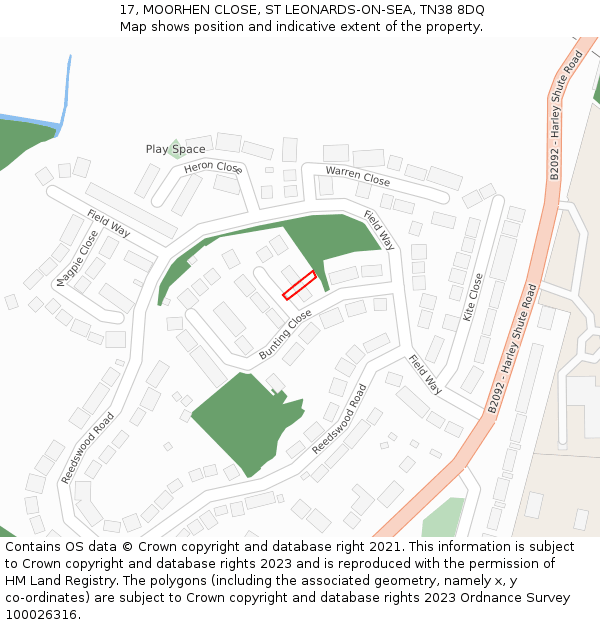 17, MOORHEN CLOSE, ST LEONARDS-ON-SEA, TN38 8DQ: Location map and indicative extent of plot