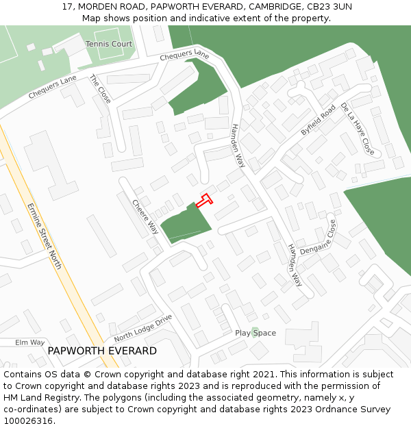 17, MORDEN ROAD, PAPWORTH EVERARD, CAMBRIDGE, CB23 3UN: Location map and indicative extent of plot