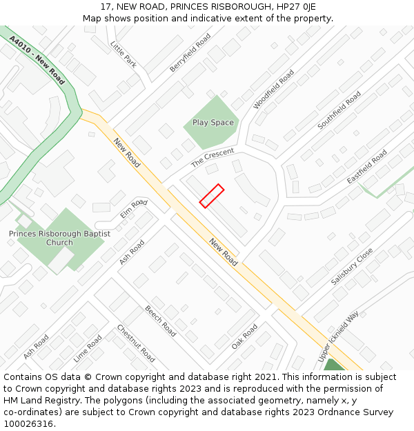 17, NEW ROAD, PRINCES RISBOROUGH, HP27 0JE: Location map and indicative extent of plot