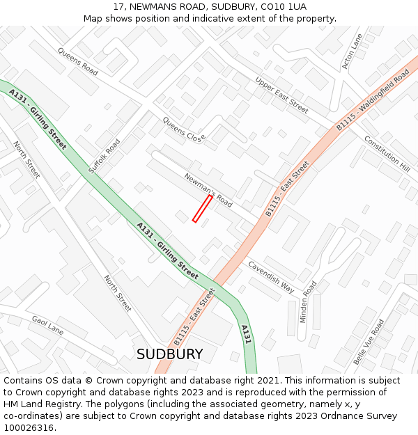 17, NEWMANS ROAD, SUDBURY, CO10 1UA: Location map and indicative extent of plot